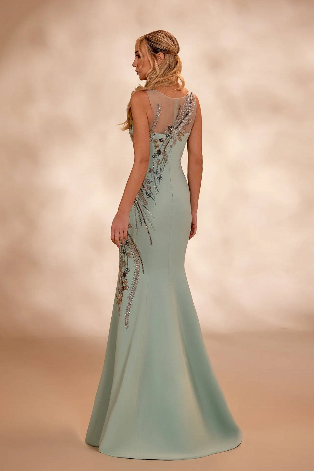 RTW13- Light green sleeveless crepe dress with a fitted mermaid silhouette - FOSTANI.com