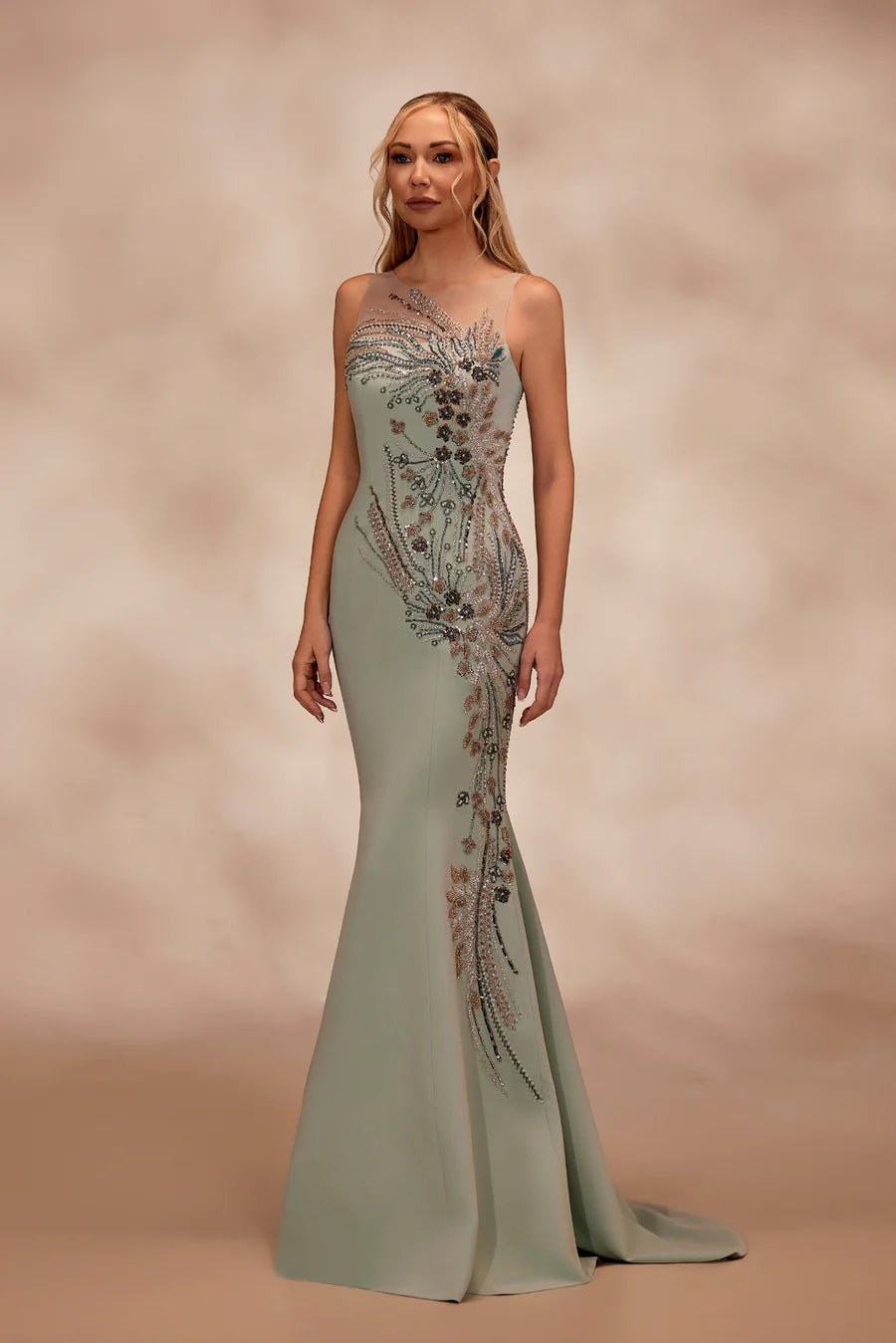RTW13- Light green sleeveless crepe dress with a fitted mermaid silhouette - FOSTANI.com