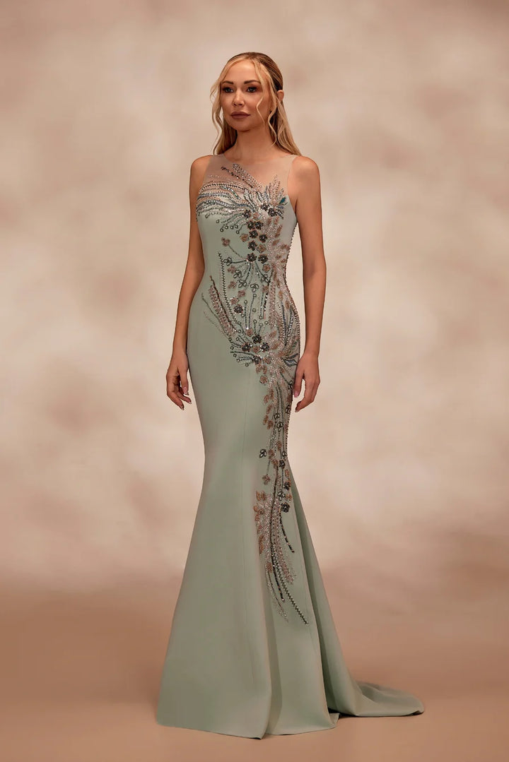 RTW13- Light green sleeveless crepe dress with a fitted mermaid silhouette - FOSTANI.com