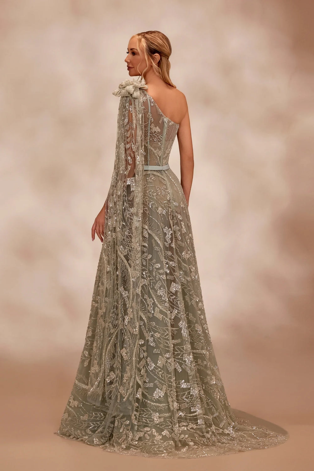 RTW14- One-shoulder light green dress fully beaded - FOSTANI.com