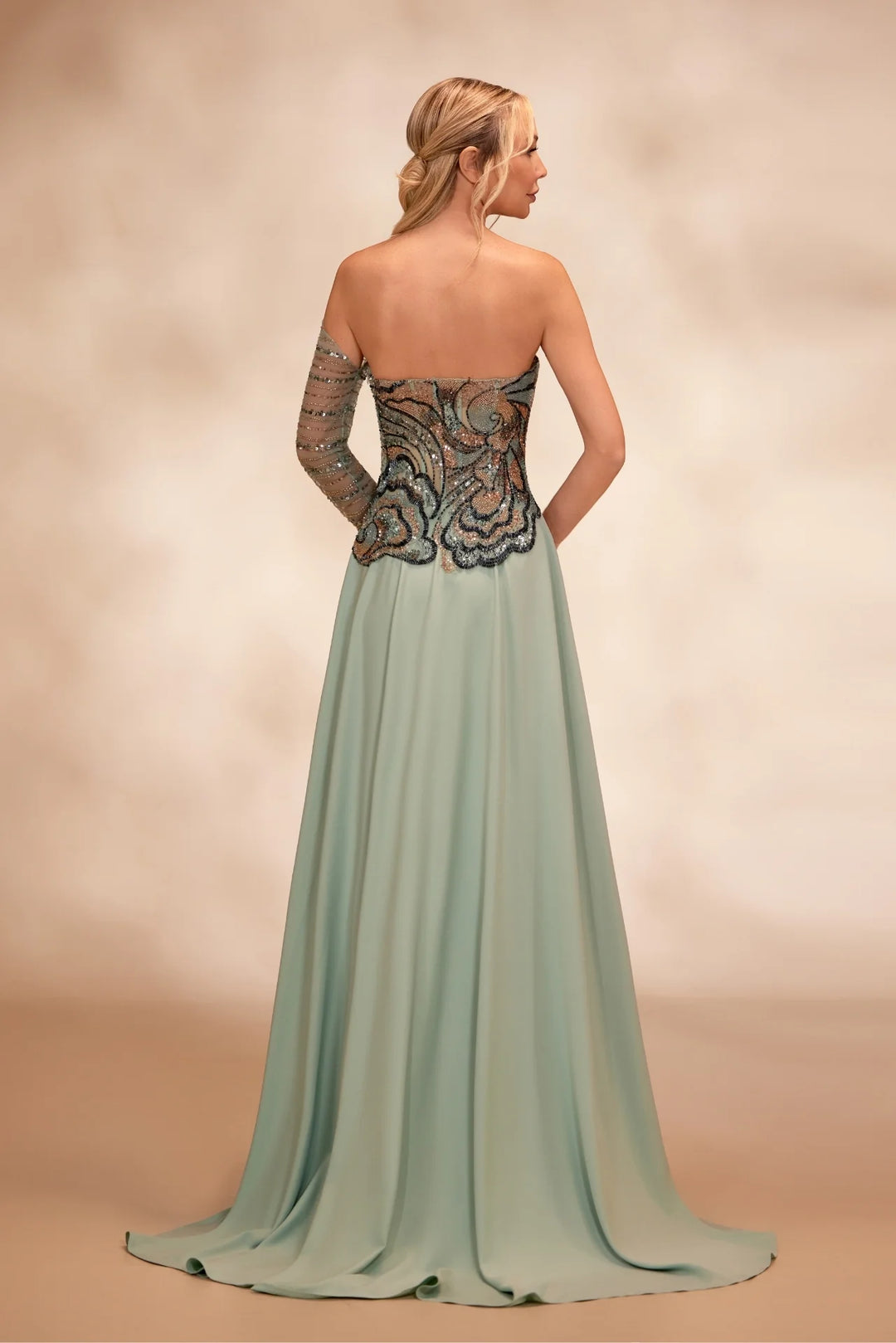 RTW15- Light green dress featuring an asymmetrical neckline with one beaded sleeve - FOSTANI.com