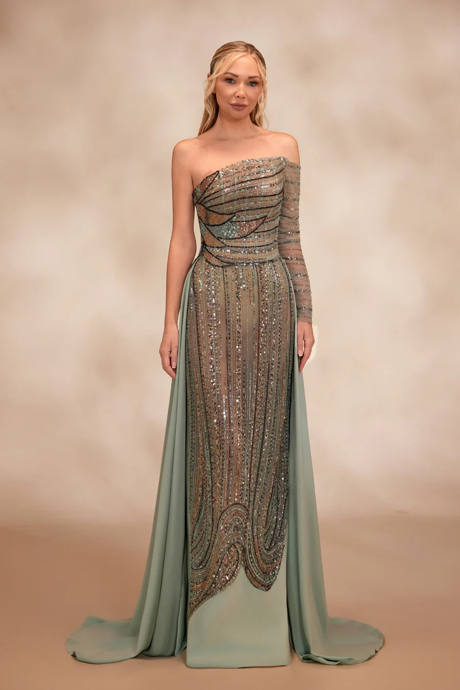 RTW15- Light green dress featuring an asymmetrical neckline with one beaded sleeve - FOSTANI.com