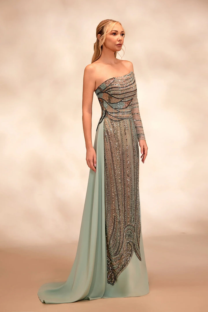 RTW15- Light green dress featuring an asymmetrical neckline with one beaded sleeve - FOSTANI.com