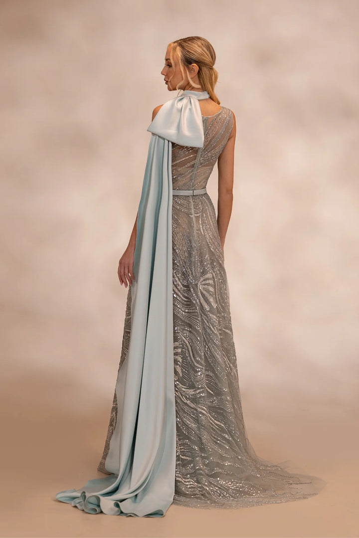 RTW16- Light green sleeveless  fully embroidered dress with a fitted bodice - FOSTANI.com