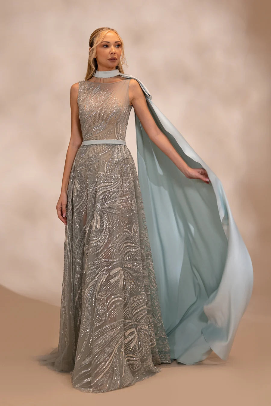 RTW16- Light green sleeveless  fully embroidered dress with a fitted bodice - FOSTANI.com