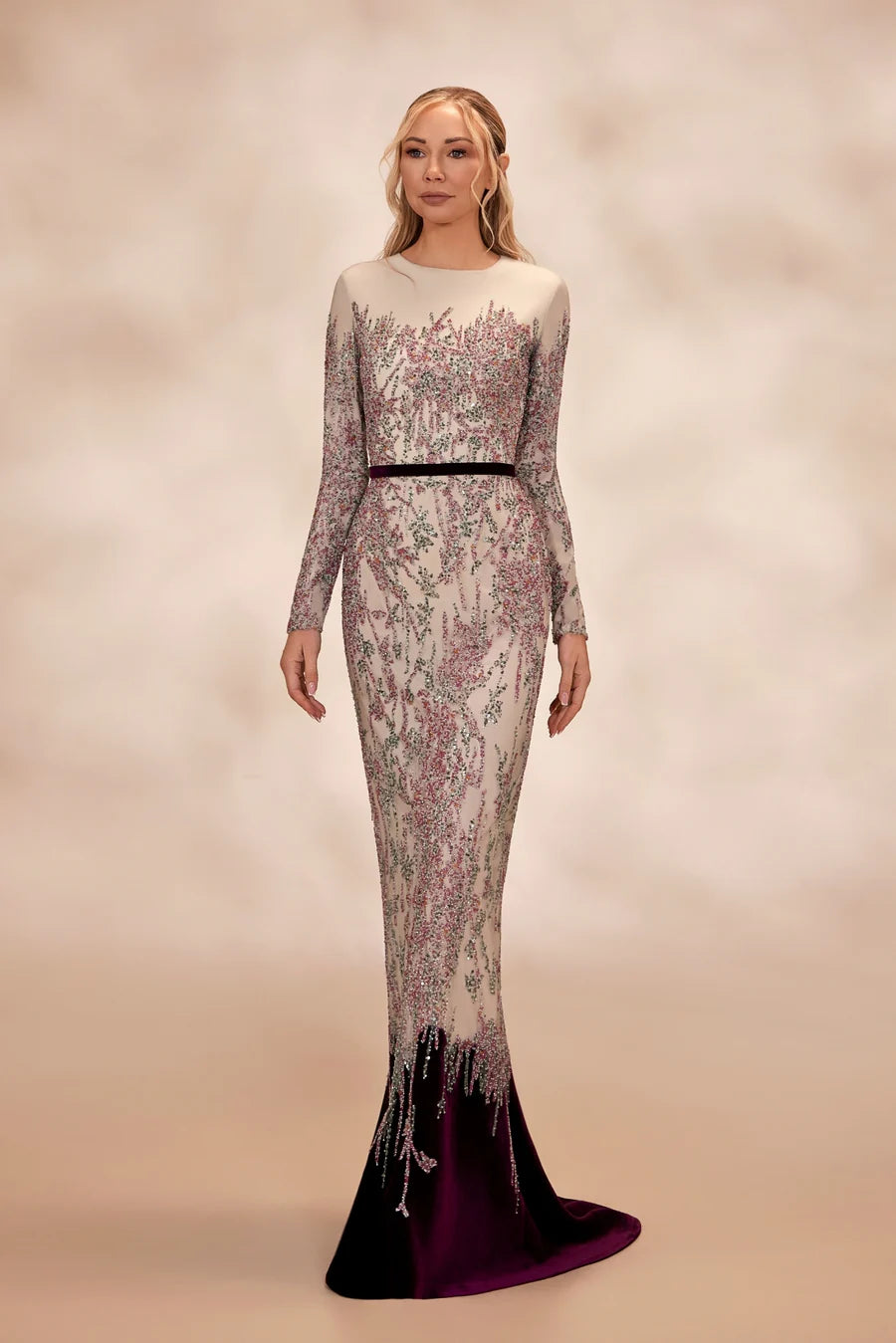 RTW17- Multicolor beaded dress with long fitted sleeves and a crew-neck bodice - FOSTANI.com