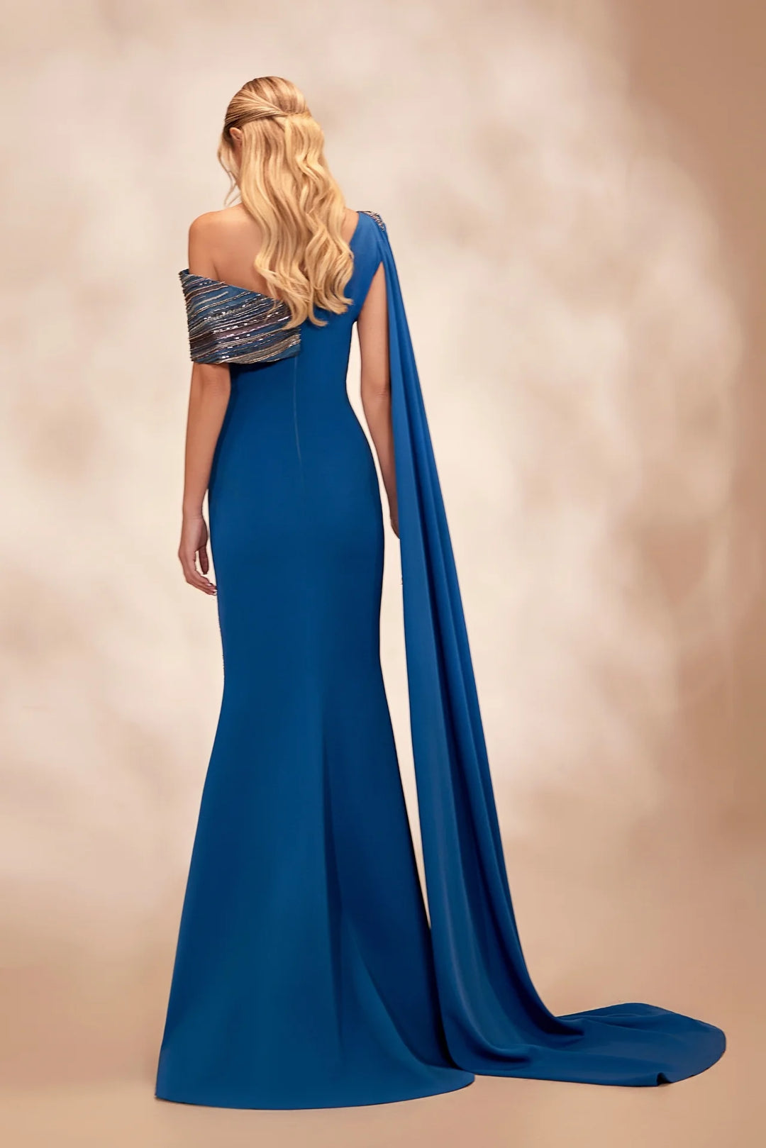 RTW19- Petrol one-shoulder dress with beaded drape across the neckline - FOSTANI.com