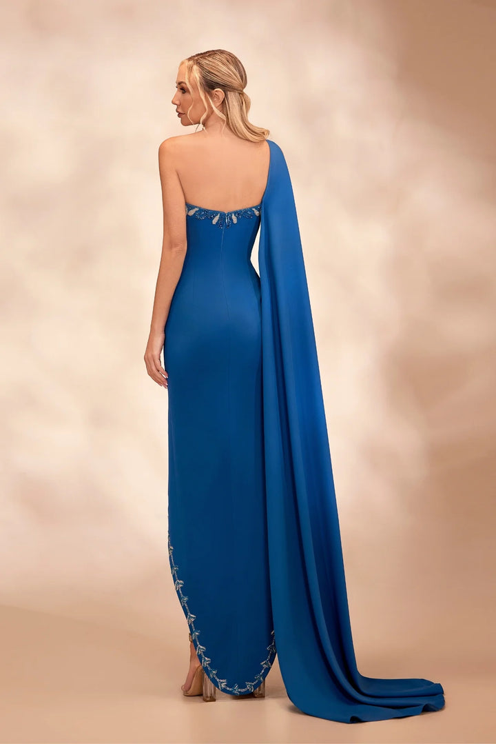 RTW20- Petrol one-shoulder dress with draped neckline - FOSTANI.com