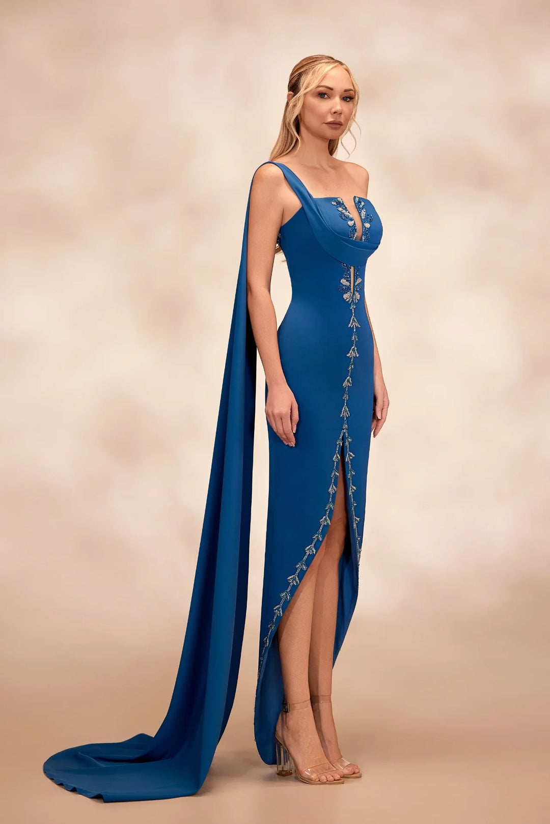 RTW20- Petrol one-shoulder dress with draped neckline - FOSTANI.com