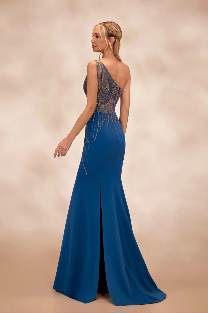 RTW21- Petrol one shoulder dress with beaded illusion bodice - FOSTANI.com