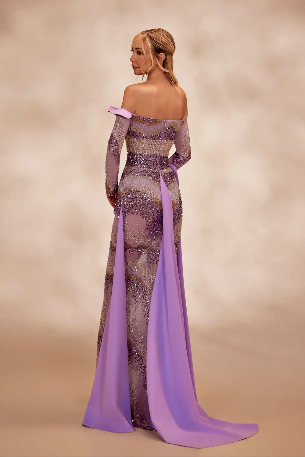 RTW22- Lavender full-beaded dress, off-the-shoulder long sleeve bodice - FOSTANI.com