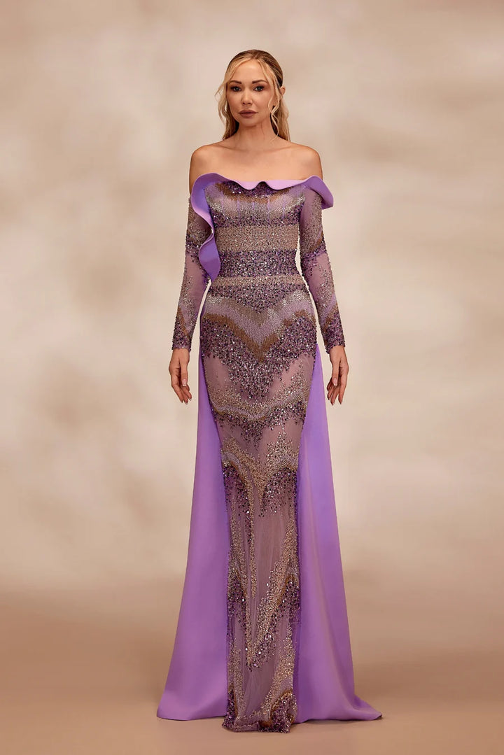 RTW22- Lavender full-beaded dress, off-the-shoulder long sleeve bodice - FOSTANI.com