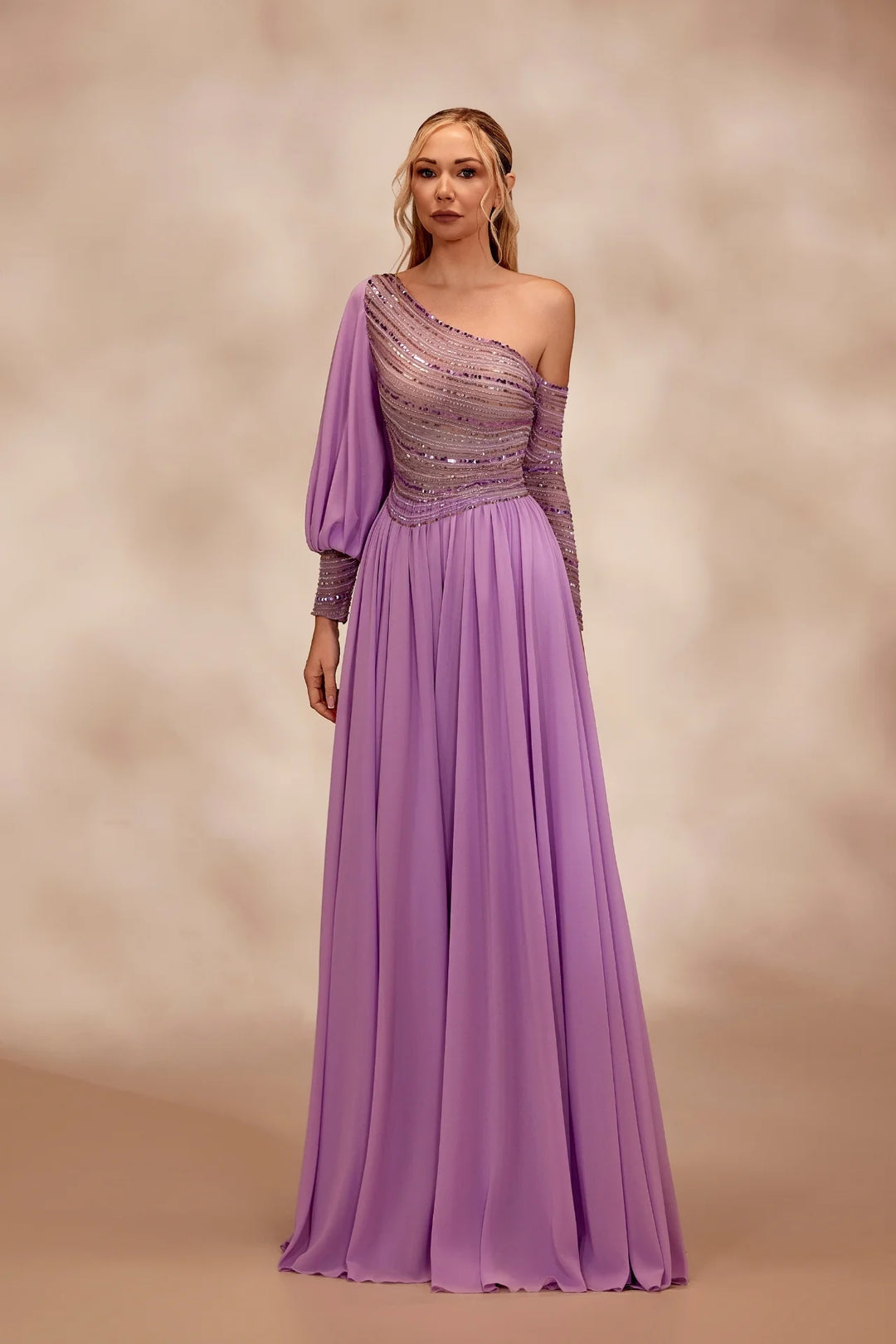 RTW23- One-shoulder lavender dress with a beaded bodice - FOSTANI.com