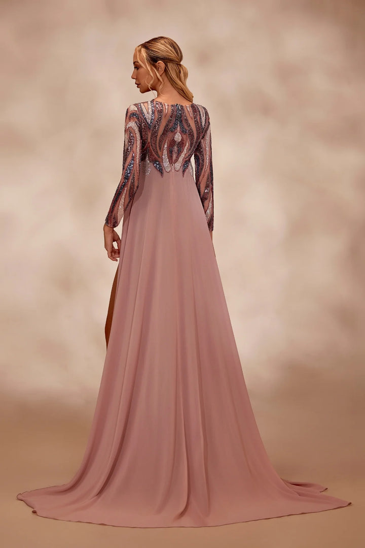 RTW6-Rosewood dress with sheer emballished bodice and long sleeves - FOSTANI.com
