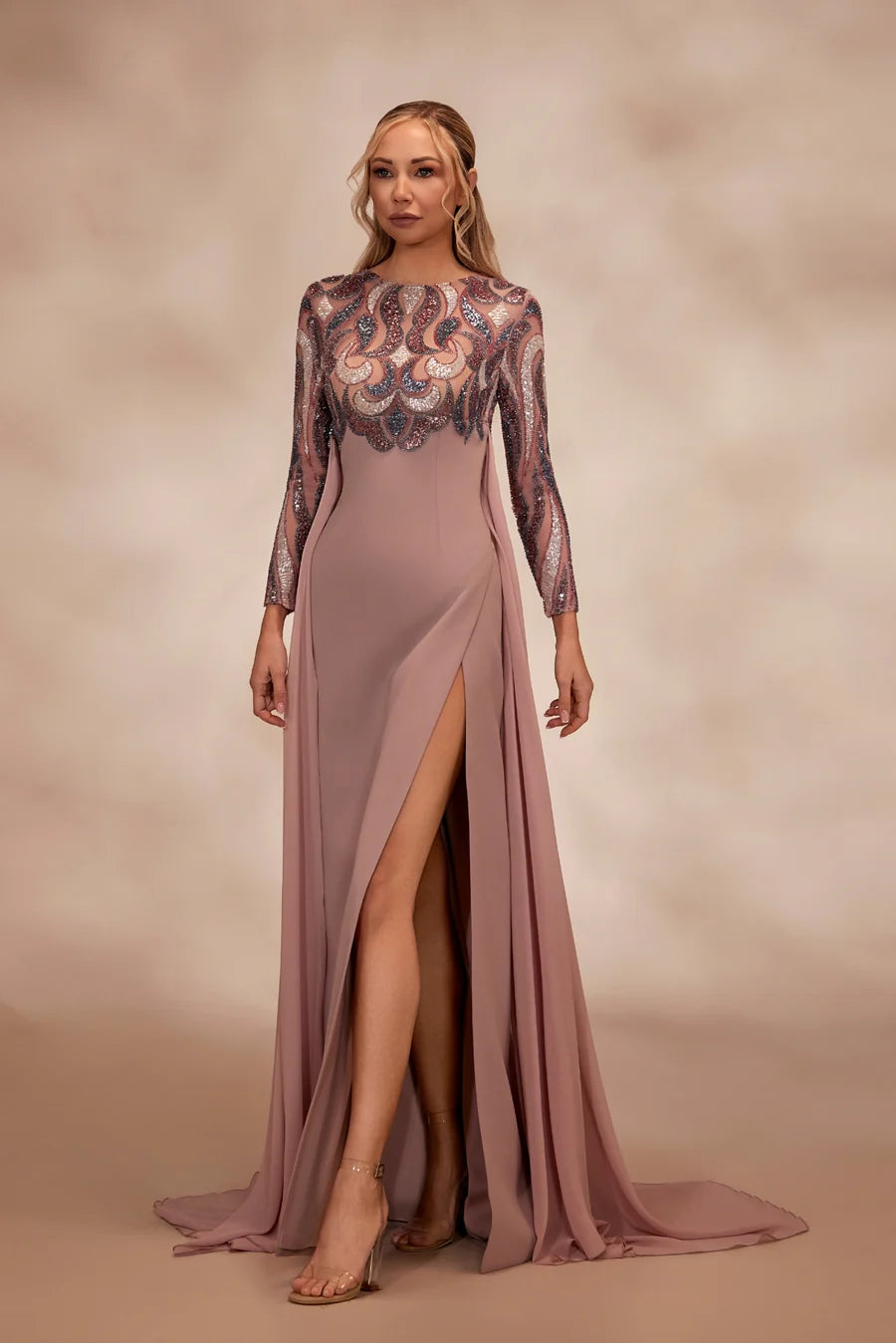 RTW6-Rosewood dress with sheer emballished bodice and long sleeves - FOSTANI.com