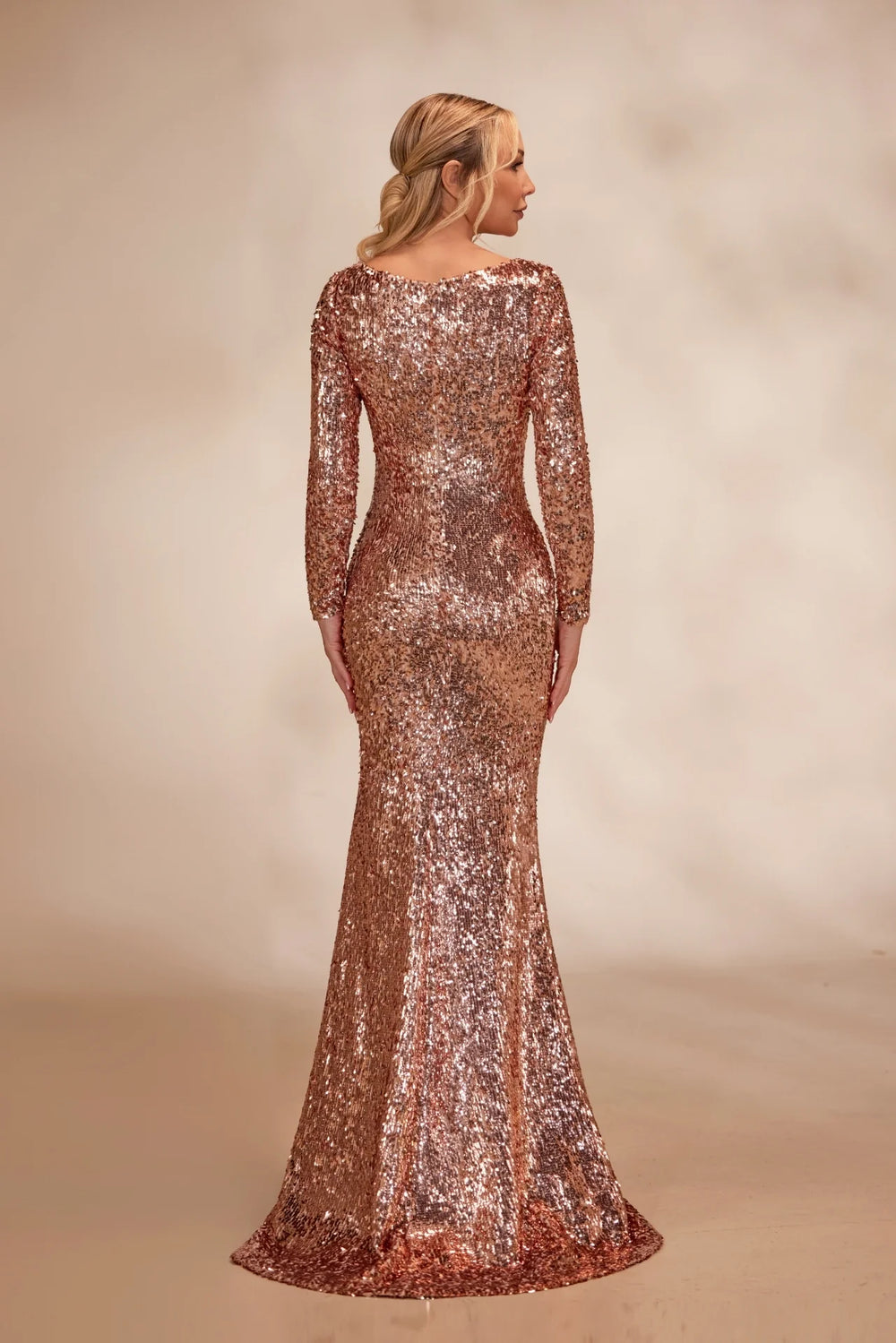 RTW7-Rose gold sequin dress with long fitted sleeves - FOSTANI.com