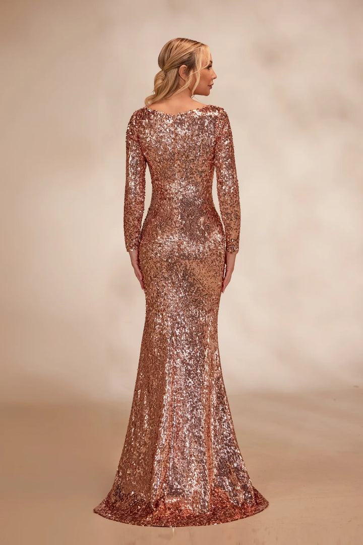 RTW7-Rose gold sequin dress with long fitted sleeves - FOSTANI.com