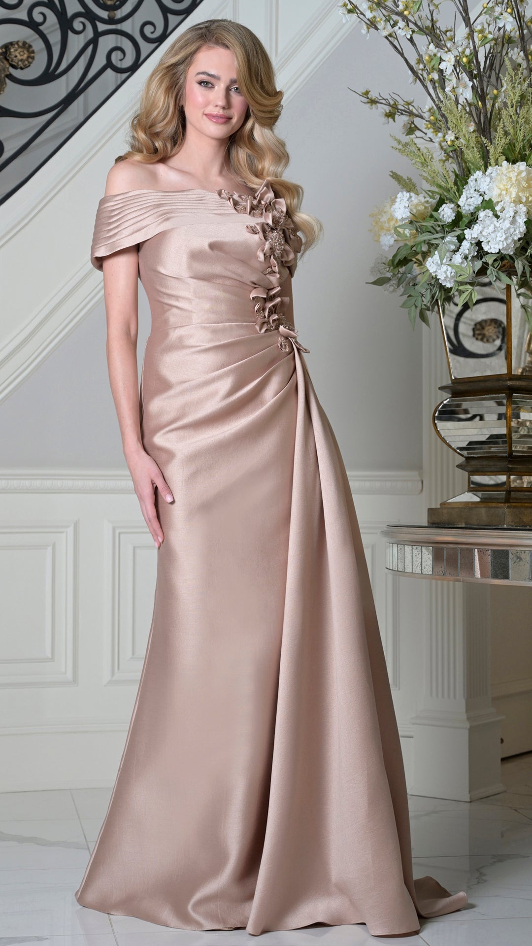 Rina Di Montella RD3528 Off-the-Shoulder Cap Sleeve A-Line Mother of the Bride Dress