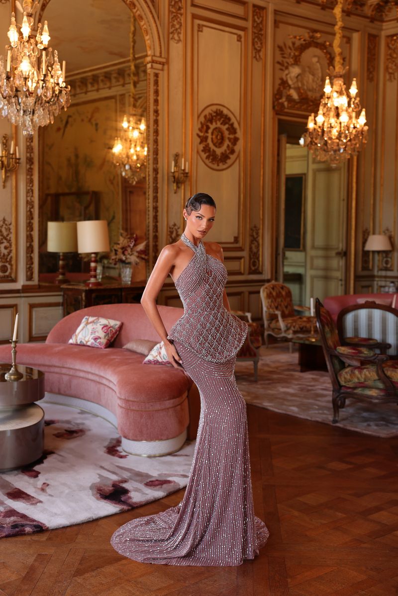 Chic & Holland HF110668 Halter Beaded Couture Dress