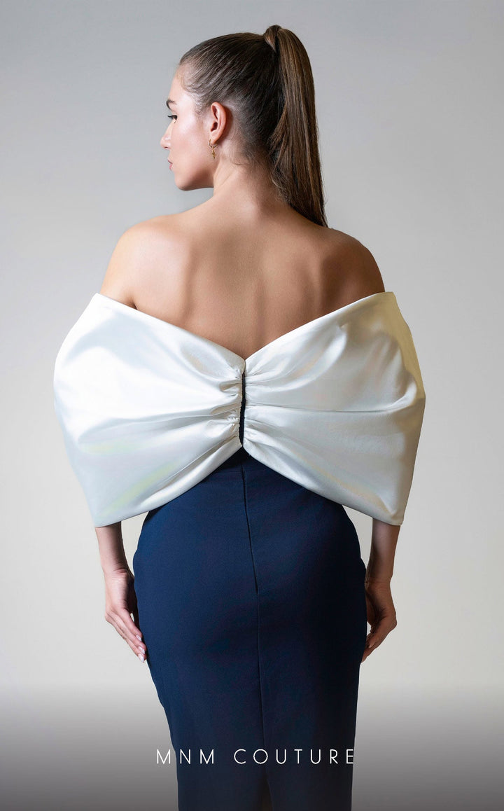 MNM Couture V07508 : Cap Sleeve Satin two colors Gown with Bow - FOSTANI.com