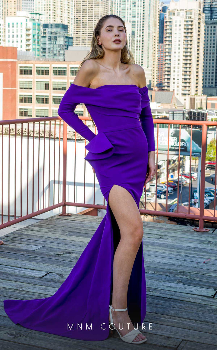 MNM Couture V07565: Purple Rayon Crepe Column Dress - FOSTANI.com
