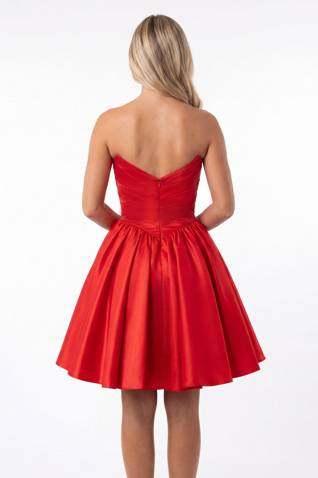 Portia & Scarlett XO215 draped sweetheart A-line homecoming dress back view