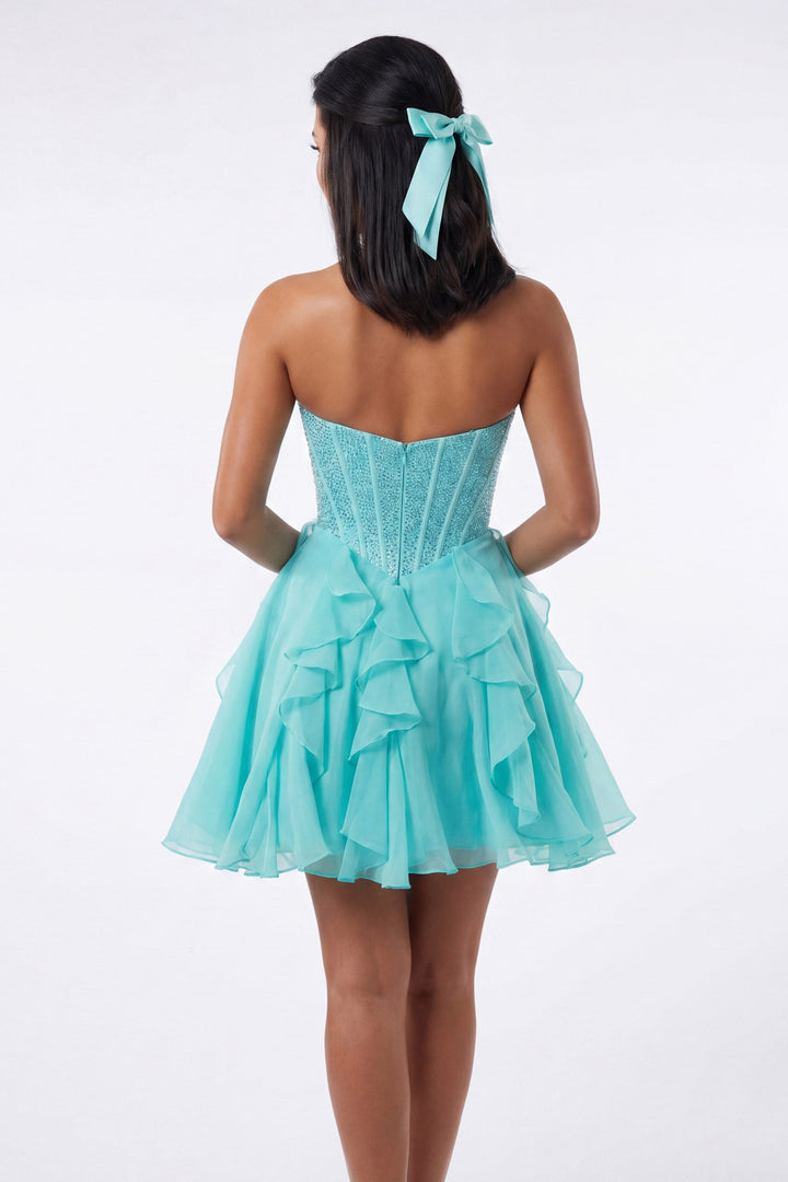 Portia & Scarlett XO217 corset cascading ruffle homecoming dress additional back view