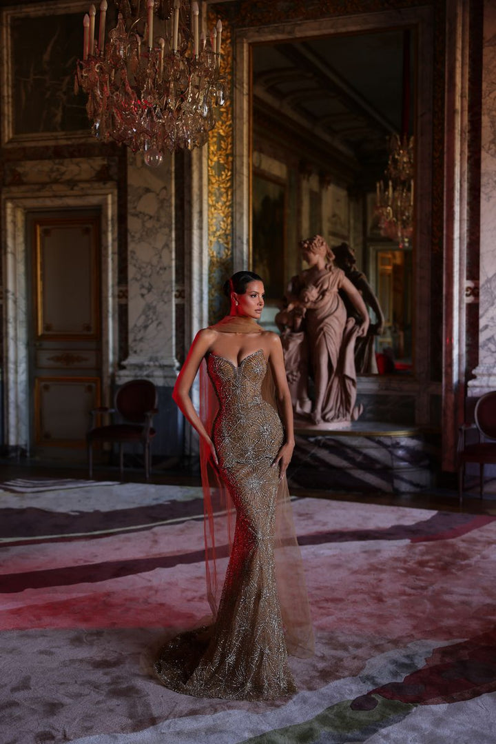 Chic & Holland HF110644 Strapless Plunging Sweetheart Starburst Beaded Sheath Matching Shoulder Cape Couture Dress