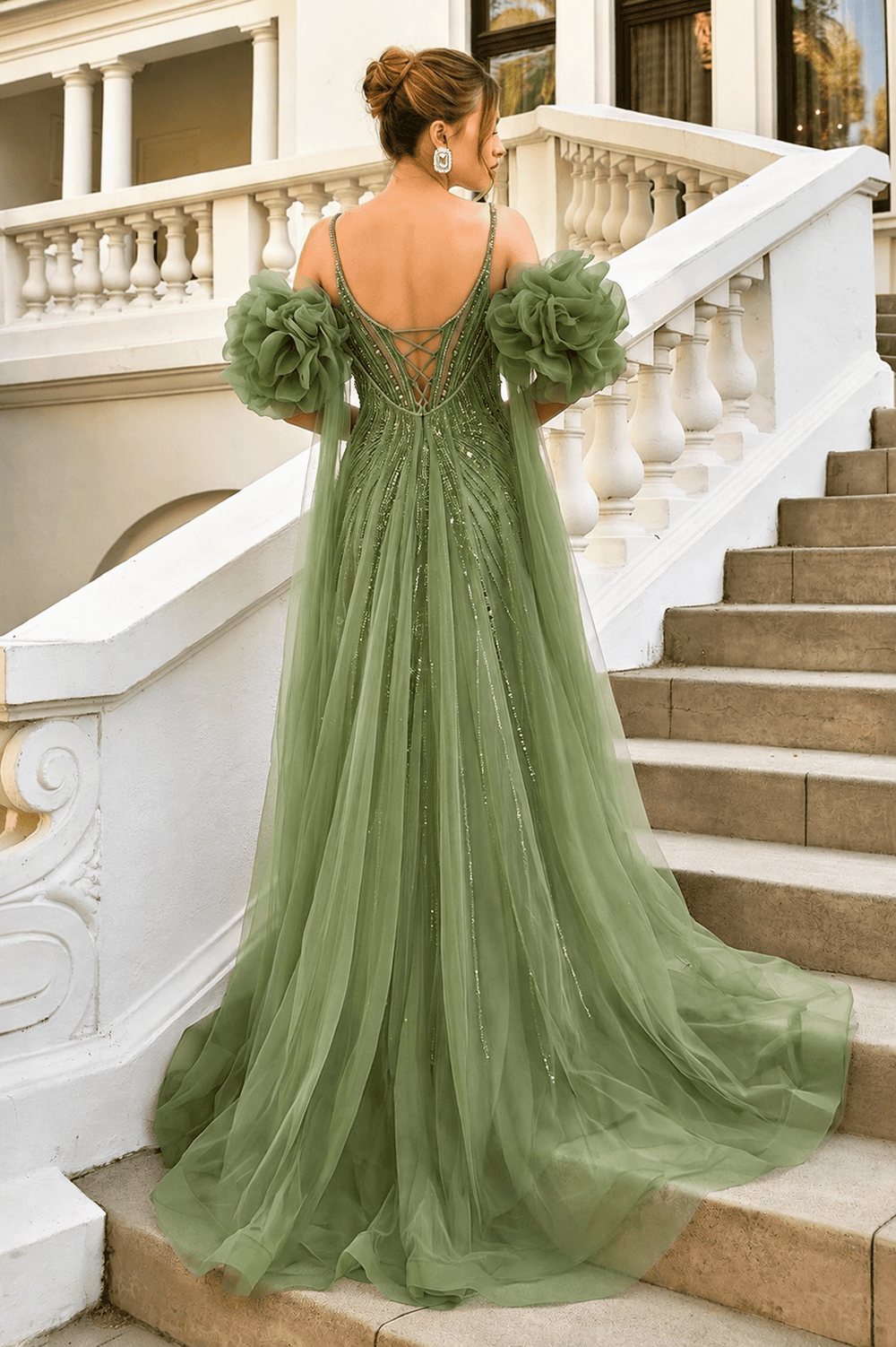 Andrea & Leo Couture A1515 green gown - back view with lace-up corset back