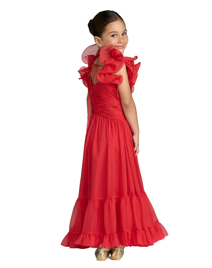 Mac Duggal 68669 Girls Pink Floral Chiffon Ruffle Shoulder Dress