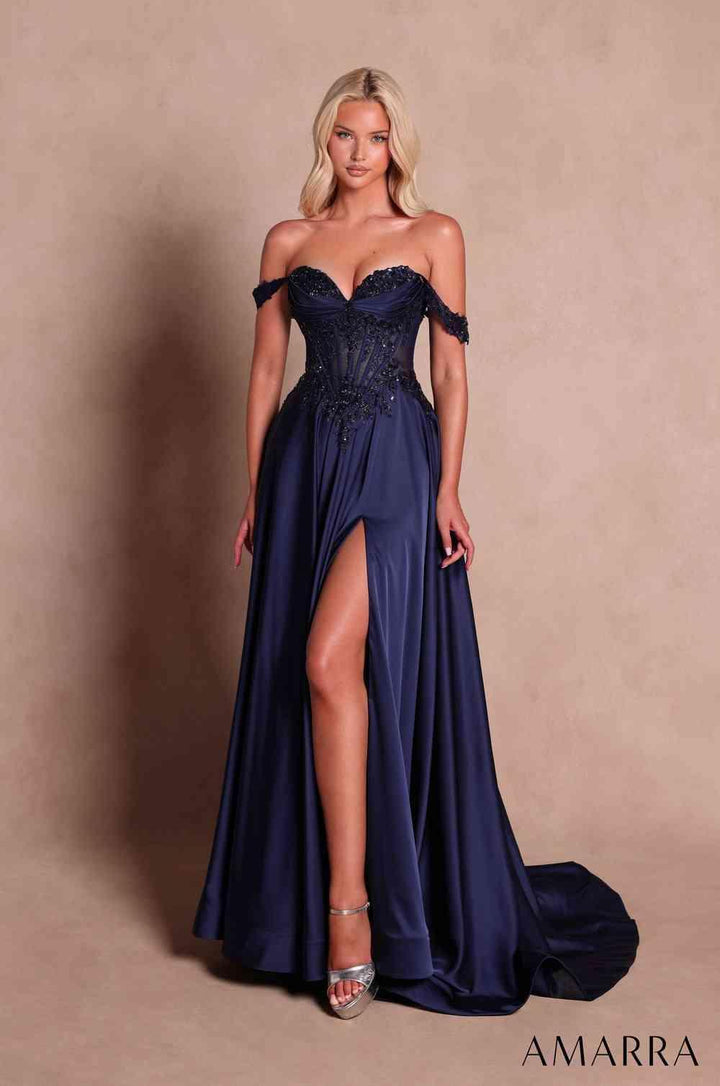Amarra 89914 sweetheart formal gown with high slit front view