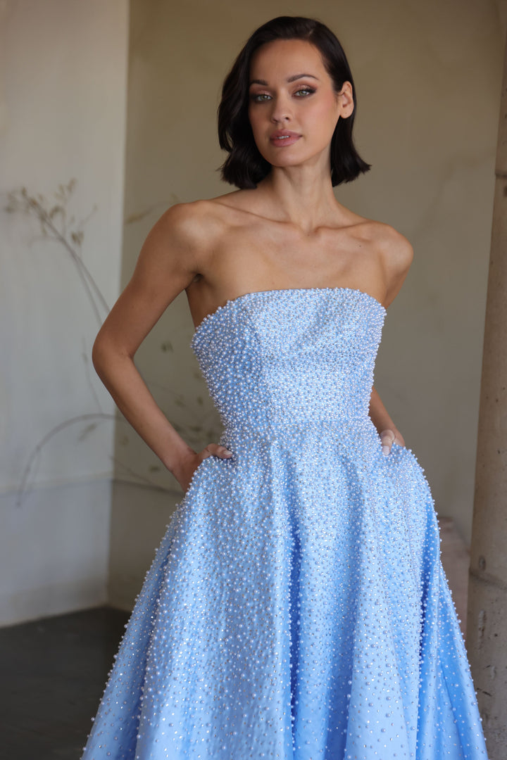 Ava Presley 42500 - Strapless Beaded Blush A Line Gown - FOSTANI.com