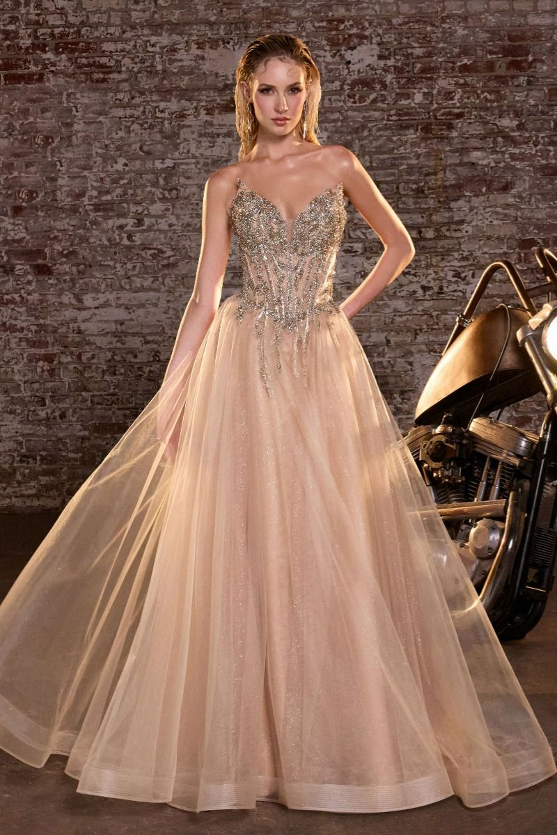 Ladivine CD721 beaded corset A-line tulle prom dress front view
