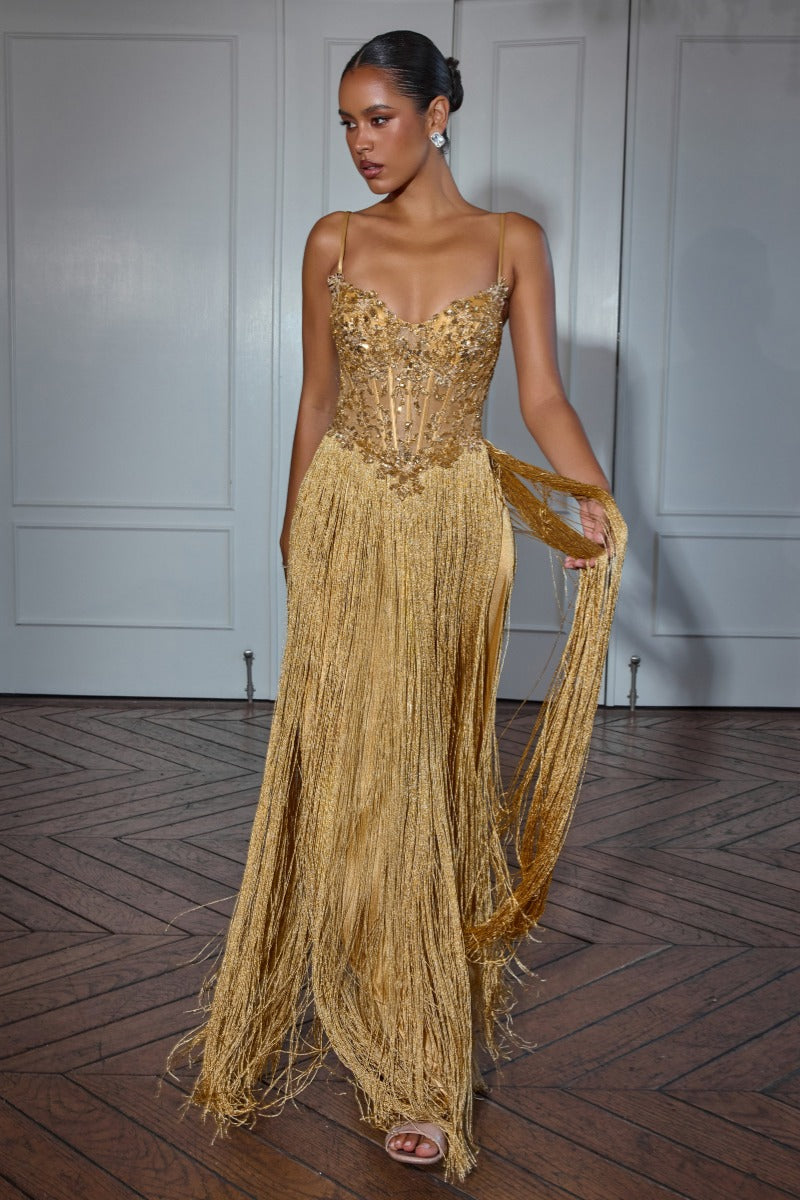 Ladivine CDS580 fringe prom dress front view