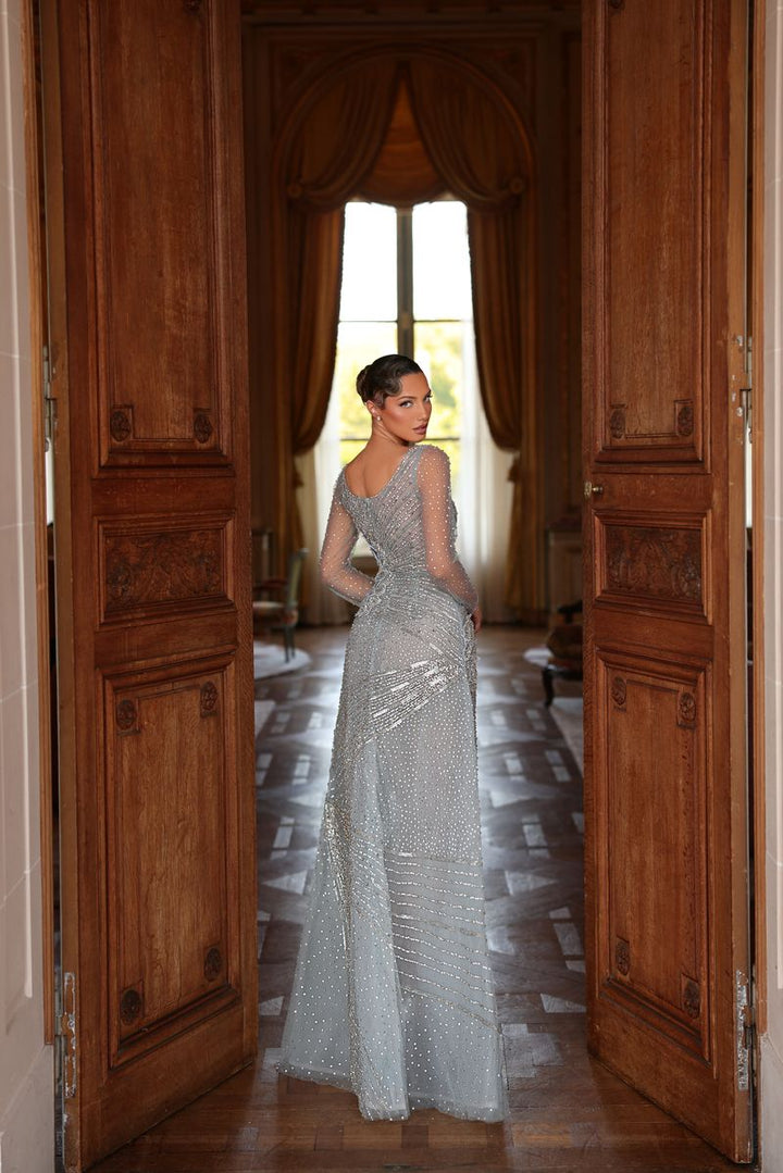 Chic & Holland HF110602 Square Neckline Long Sleeves Fully Beaded Geometric Pattern Couture Dress