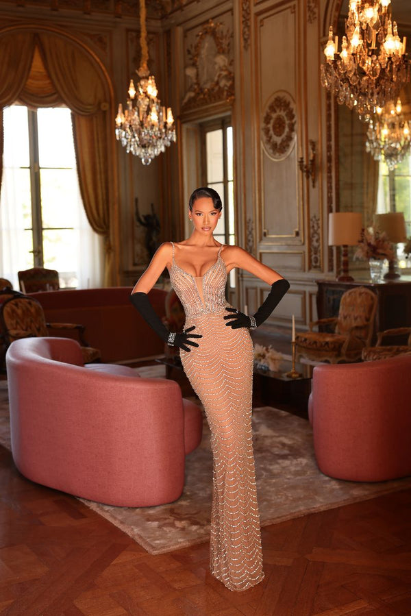 Chic & Holland HF110700 Illusion Bodice Column Couture Dress