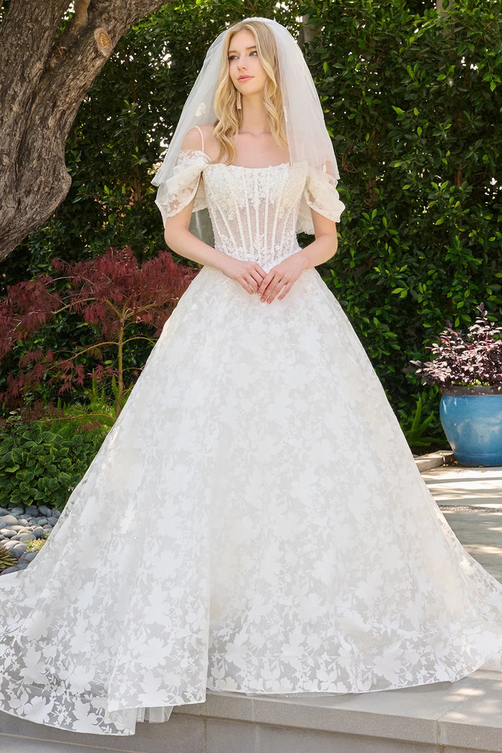 GLS Collective GL3840 boat neck cold-shoulder corset ball gown wedding dress, front view
