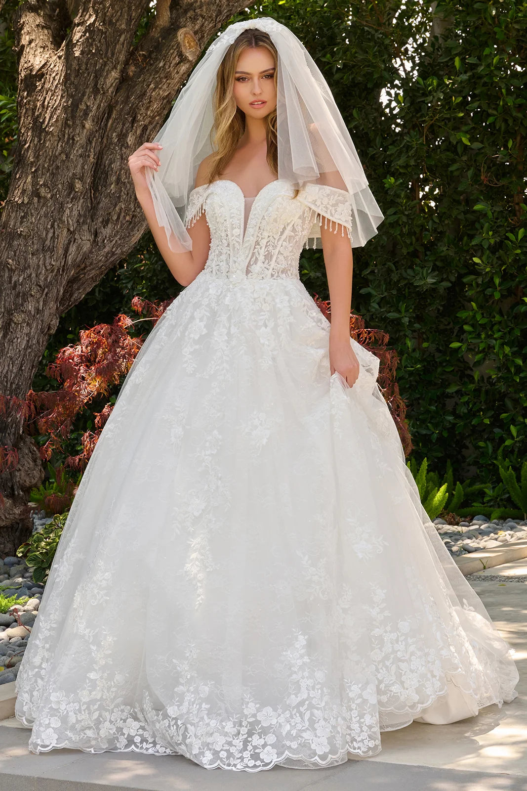 GLS Collective GL3841 fold-over off-shoulder V-neck ball gown wedding dress, front view