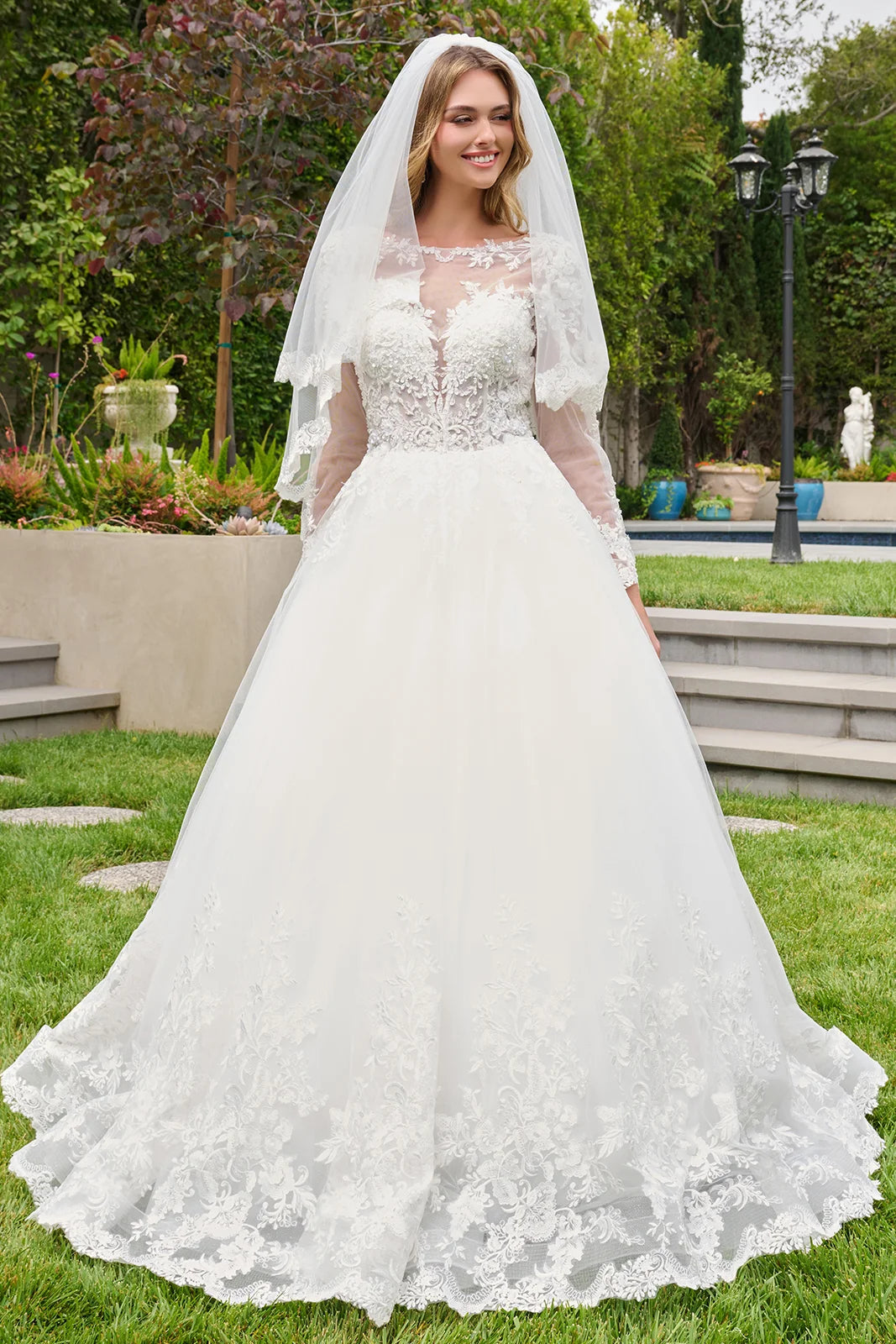 GLS Collective GL3843 boat neck long sleeve ball gown wedding dress, front view