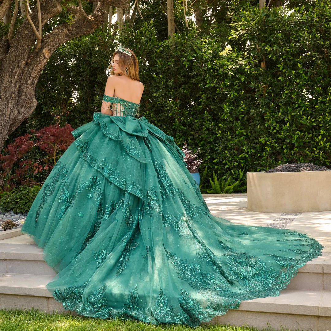 GLS Collective GL3846 sweetheart corset quinceanera ball gown side back view with train