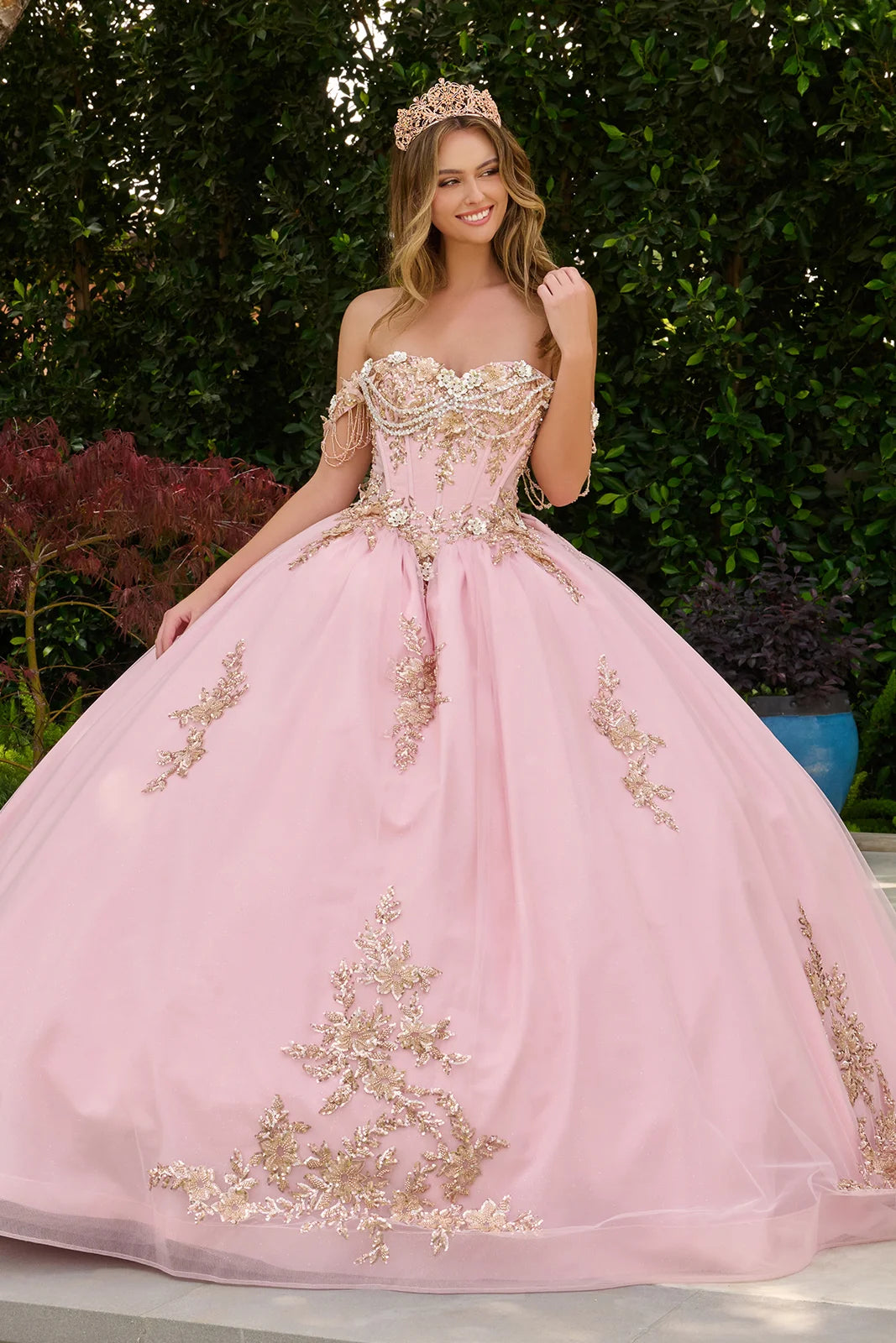 GLS Collective GL3849 3D floral applique quinceanera ball gown front view
