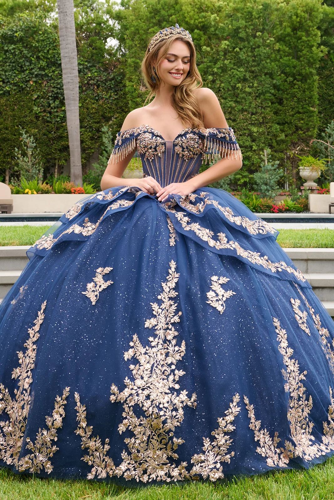 GLS Collective GL3857 V-neck quinceanera ball gown front view