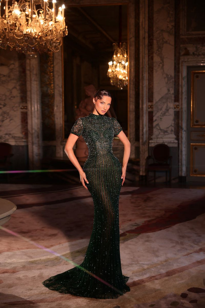 Chic & Holland HF110633 Mock Neckline Short Sleeves Ornate Linear Beaded Sheath Couture Dress