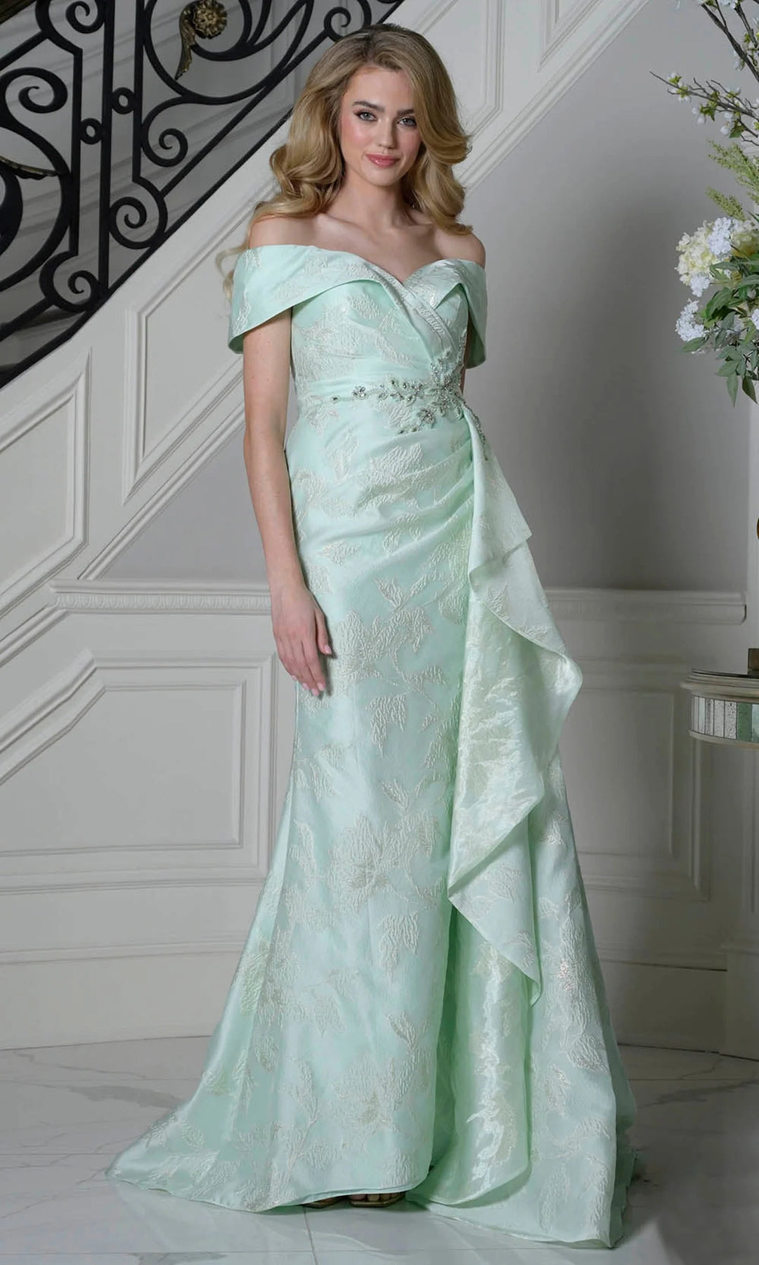 Marsoni by Colors MV1401 Off-the-Shoulder Beaded Sheath Mother of the Bride Dress with Cascading Drape