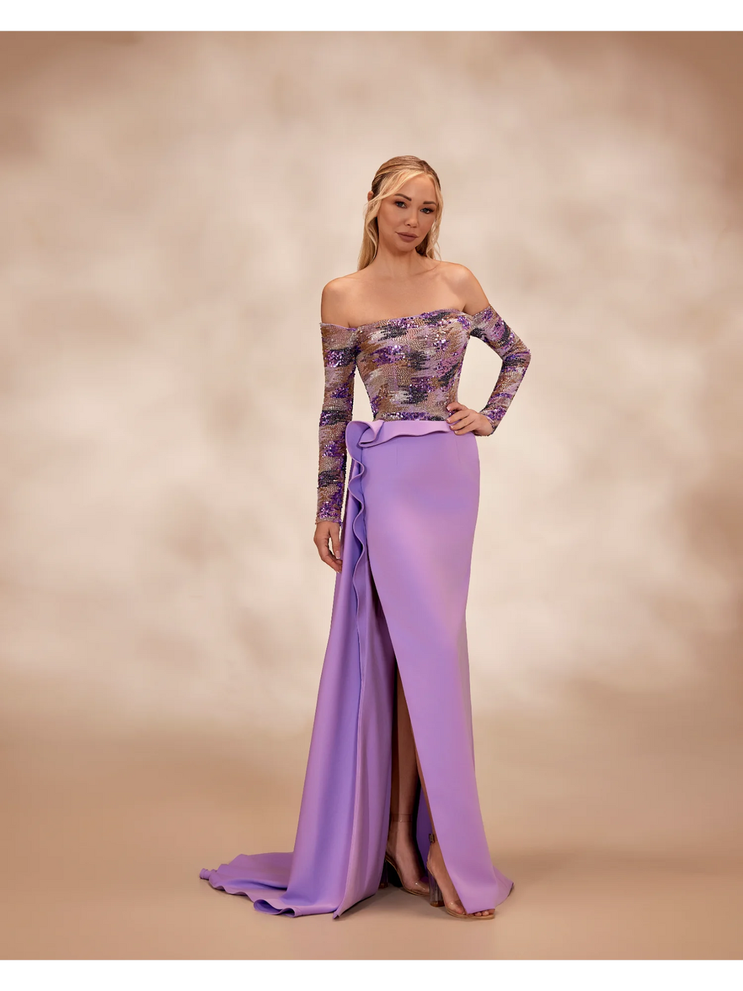 RTW24- Lavender dress with off-the-shoulder long-sleeve bodice adorned - FOSTANI.com