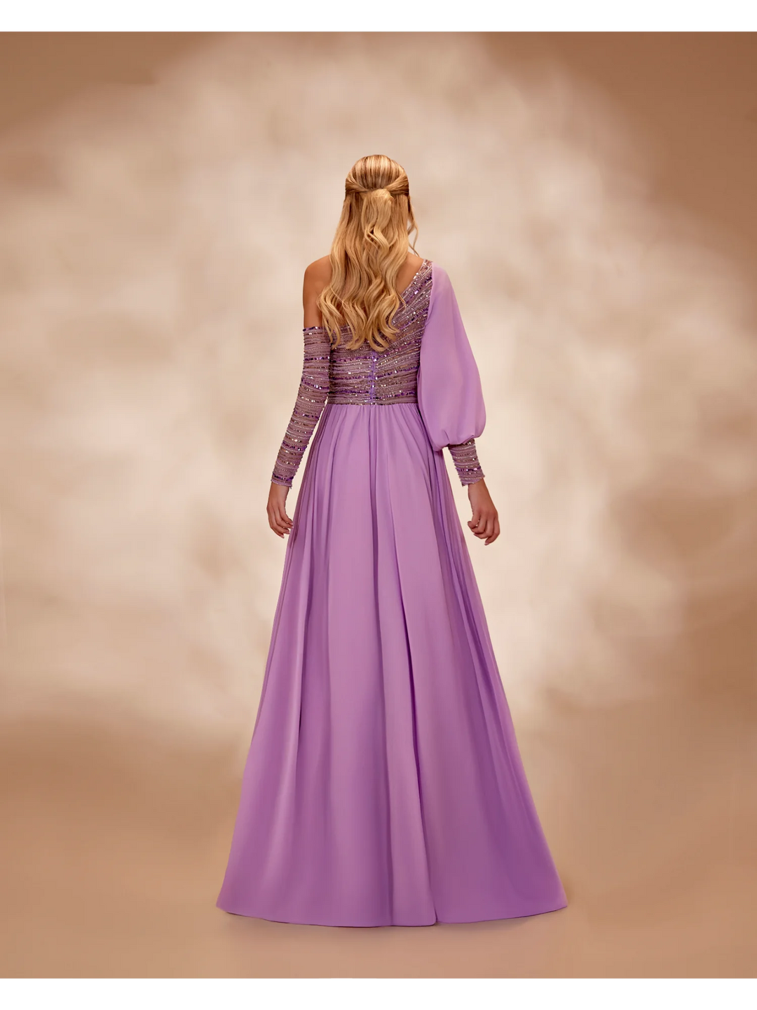 RTW23- One-shoulder lavender dress with a beaded bodice - FOSTANI.com