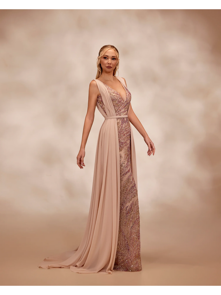 RTW26- Nude dress with a plunging V-neckline with multicolor beading - FOSTANI.com