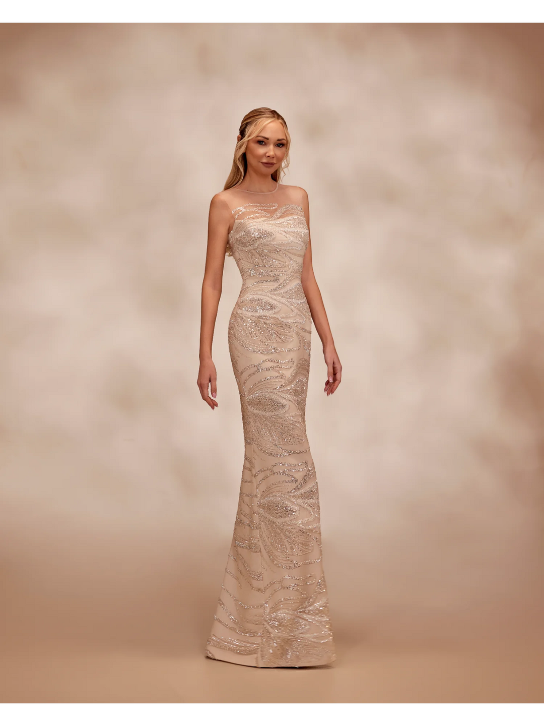 RTW25- Sleevless nude dress adorned with intricate swirling silver sequins - FOSTANI.com