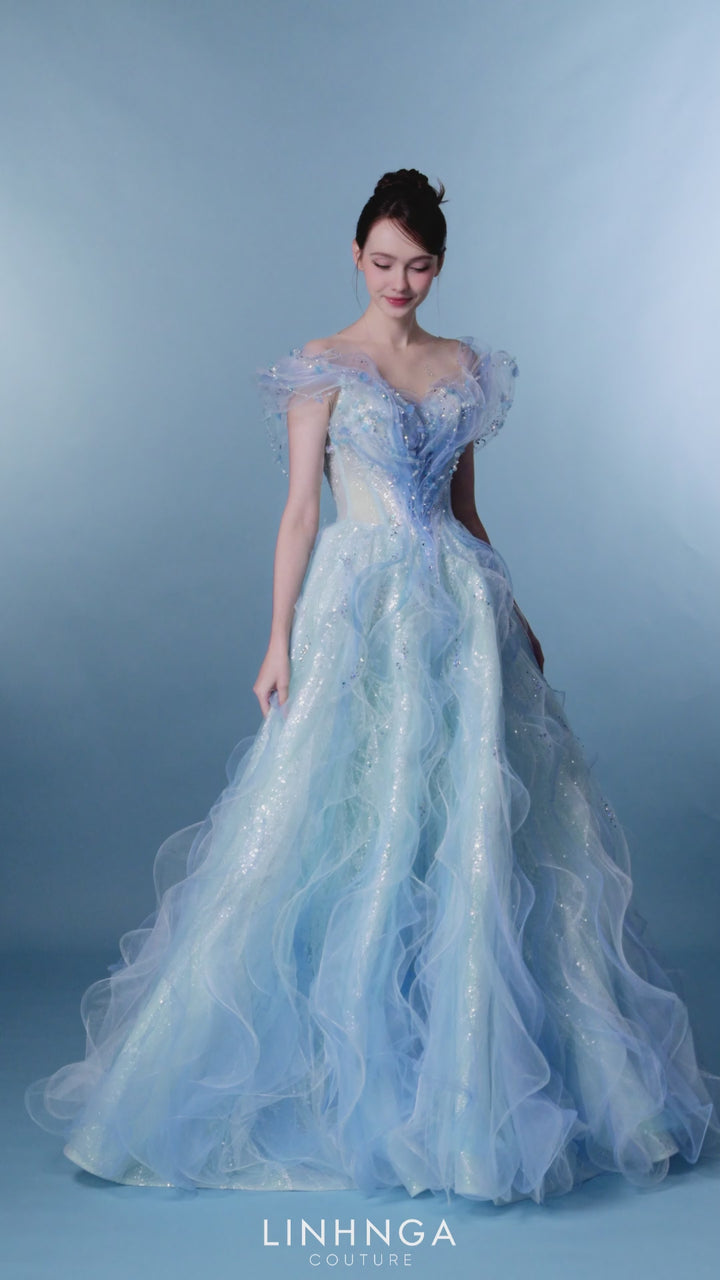 Linh Nga LMBAT267 Off-Shoulder Sweetheart Neckline Ruffled Straps Boned Corset Couture Dress