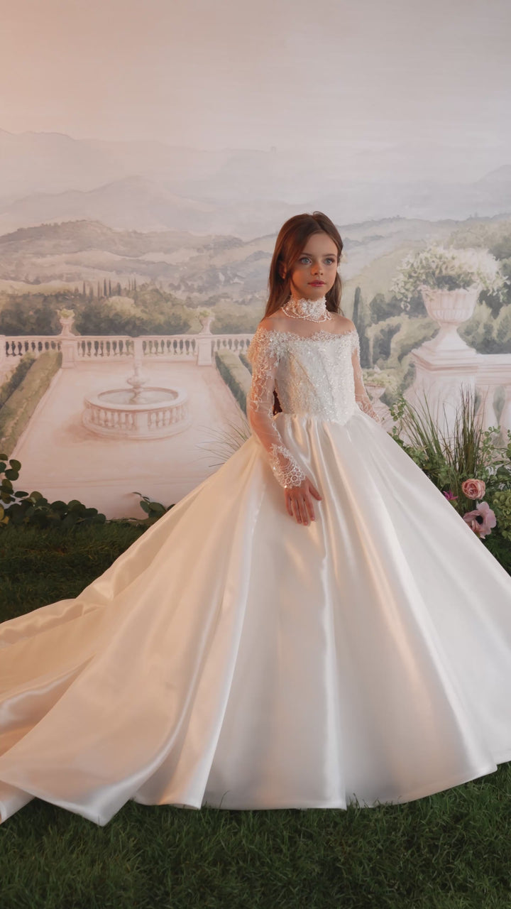 Pentelei 3901 Beaded Illusion Long-Sleeve Kids Ball Gown